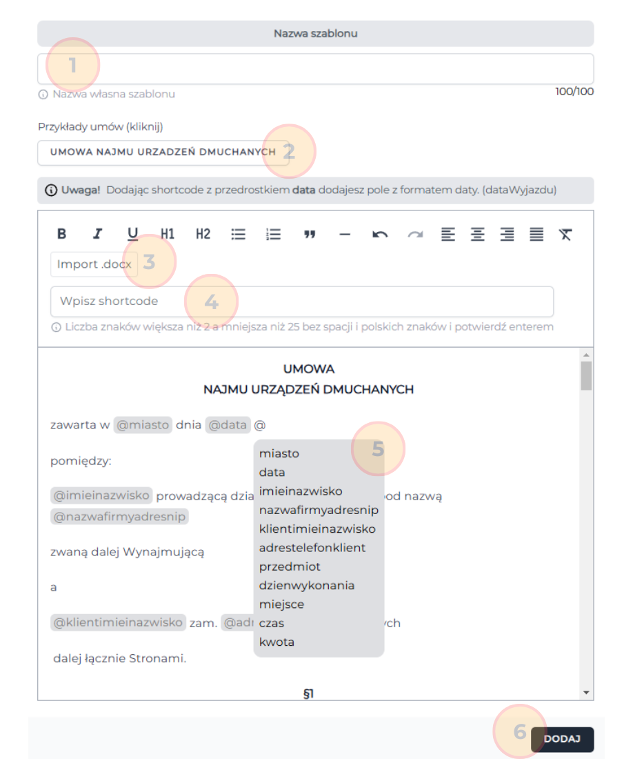 Tworzenie i edycja szablonu umowy